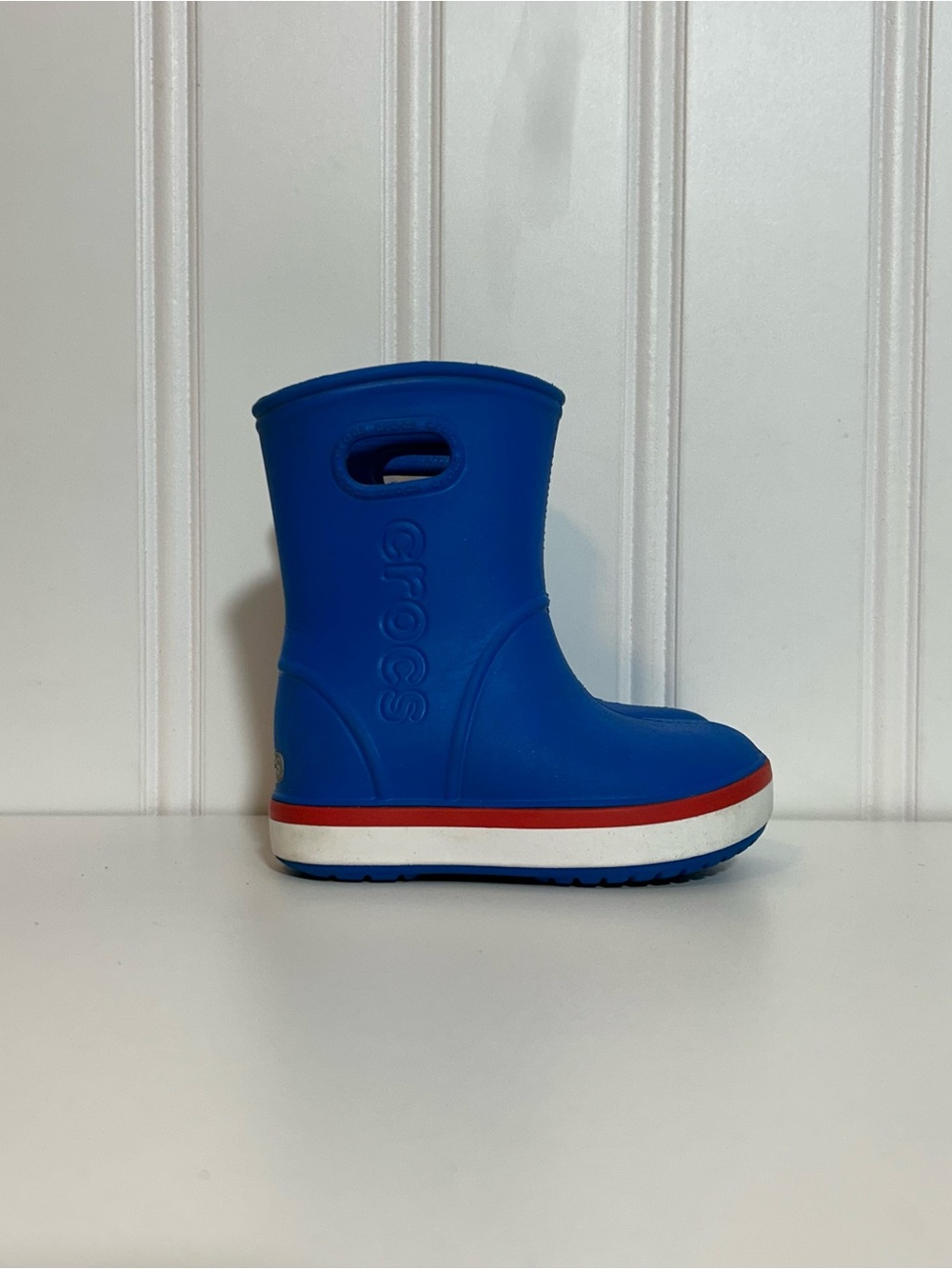 CROCS handle it kids Blue Rain Boot with Red & White Trim
